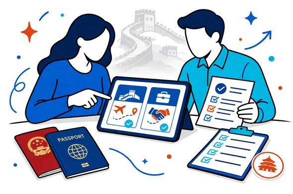 Flat or semi-flat vector illustration, clean lines, modern tech feel, 2D with slight isometric depth, Aid-Air brand palette in deep blue and turquoise with elegant red accent inspired by China, abstract faceless neutral characters reviewing two visa paths on a tablet and paper documents, one travel route for tourism and one for business, passports and checklist icons, calm organized safe atmosphere, minimalist white and light grey background with a faint Great Wall silhouette, not photorealistic