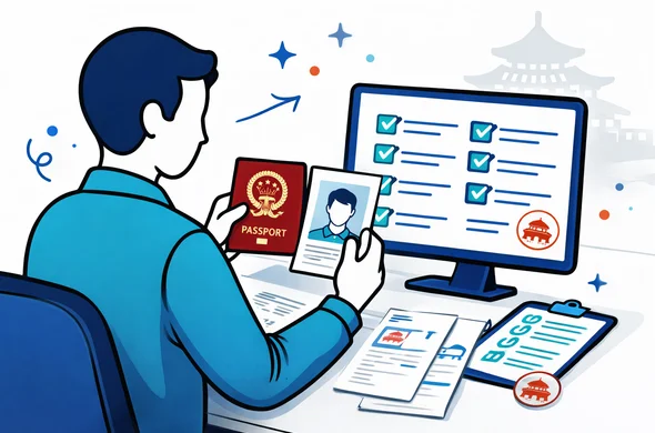 Flat or semi-flat vector illustration, modern tech style, clean lines, Aid-Air deep blue and turquoise with refined red accent inspired by China, abstract faceless character at a desk checking passport, visa photo, business invitation letter, travel booking papers and a digital checklist on screen, organized efficient safe feeling, minimal white and grey background with subtle Chinese temple roof outline, not photorealistic