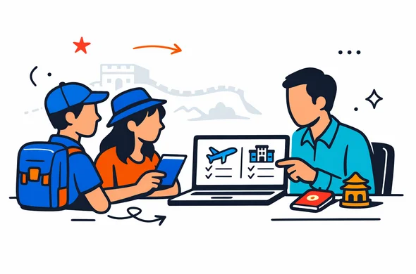 Flat vector illustration, deep blue and turquoise primary colors with red and gold accents for China, abstract faceless travelers and a visa consultant reviewing flight and hotel confirmations for a China visa on a laptop, calm organized office, minimalist light background with faint Great Wall of China silhouette