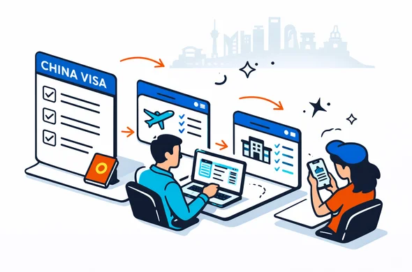 Semi flat isometric illustration, deep blue and turquoise user interface panels showing a step by step checklist for a China visa, abstract faceless characters booking flights and hotels on phone and computer, calm efficient mood, minimalist white background with subtle Beijing skyline outline