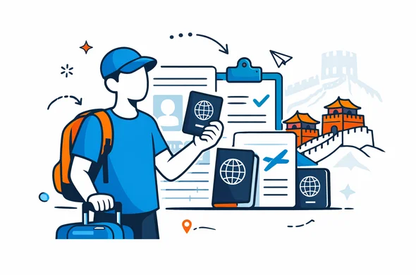 Flat vector illustration of a traveler holding a passport in front of abstract documents and a stylized Great Wall of China, deep blue and turquoise primary colors with red and gold accents for China, modern tech style, clean lines, calm and organized atmosphere, minimal white background with faint Great Wall silhouette, abstract faceless characters, isometric composition