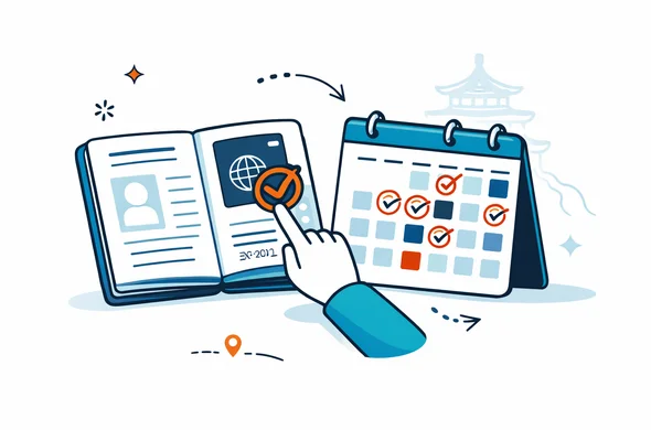 Semi flat vector illustration of an open passport next to a calendar highlighting future dates, deep blue and turquoise with red and gold China accents, minimal white background with faint outline of a Chinese pagoda, abstract faceless character checking validity, modern tech style, organized and calm scene
