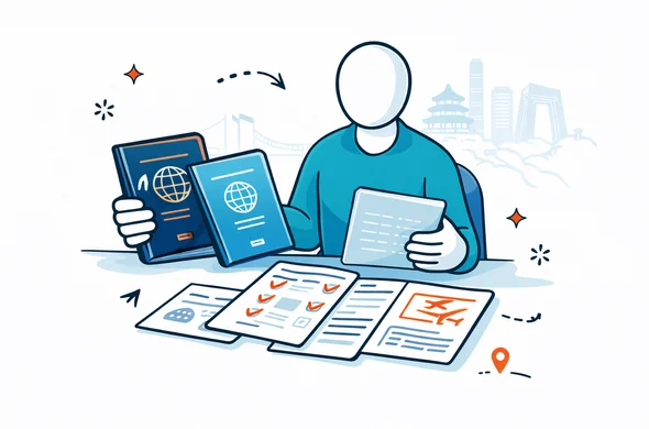 Flat vector illustration of two passports and supporting documents on a desk, abstract faceless character reviewing them, deep blue and turquoise with red and gold China accents, minimal white background with faint Beijing skyline silhouette, organized and efficient composition, modern tech feel
