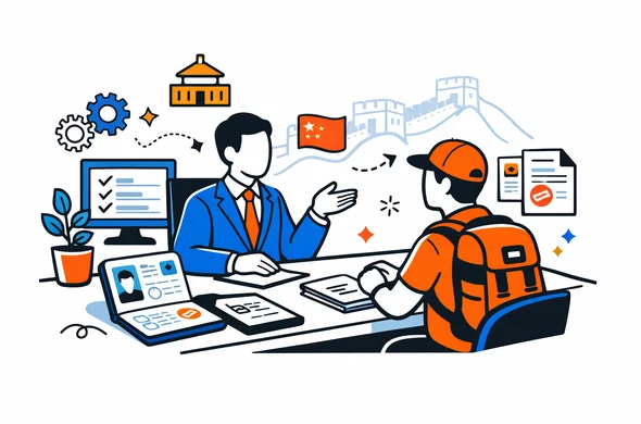 Flat vector illustration of a professional visa consultant guiding a traveler through complex Chinese bureaucracy, documents and passport on a desk, calm organized office, deep blue and turquoise interface elements with red and gold Chinese accents, minimalist background with faint Great Wall of China silhouette, modern tech style, no facial features, 2D