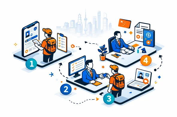 Semi-flat isometric illustration showing a step by step China visa application workflow, abstract characters moving through numbered stages, checklists and digital forms, deep blue and turquoise UI with red and gold accents, calm efficient atmosphere, white grey background with subtle Shanghai skyline outline, modern vector style, faceless characters