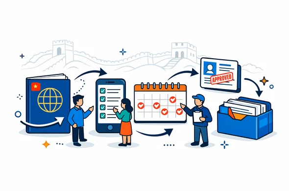 Semi-flat vector illustration with clean lines and a modern tech feel, isometric roadmap of an organized China tour visa workflow. Elements: passport, smartphone showing a checklist, calendar with marked dates, stamped visa page icon, neat documents folder, and arrows connecting steps. Primary palette deep blue and turquoise with China accent red and gold. Calm, organized, efficient atmosphere, faceless abstract characters coordinating. Minimal white and light grey background with a faint Great Wall of China silhouette outline. High resolution, flat shading, no photorealism, no readable text.