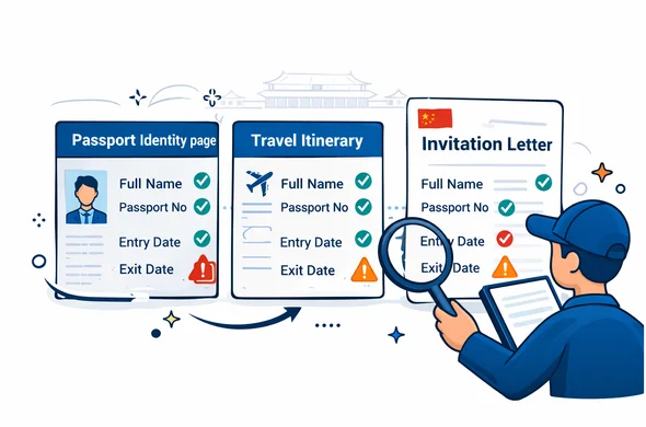 2D flat vector illustration of document consistency check for a China visa. Split view of a passport identity page, a travel itinerary, and an invitation letter. Matching fields highlighted with check marks: full name, passport number, entry date, exit date, plus small warning icons for mismatches. Deep blue and turquoise primary palette with China accent red and gold. Faceless abstract character using a magnifying glass and a tablet. Minimal white and light grey background with a faint Forbidden City silhouette outline. Clean lines, modern tech feel, no photorealism, no readable text.