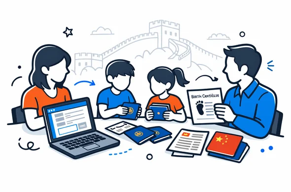 Flat semi-flat vector illustration, clean lines, modern tech feel. An organized family workflow desk: two adult abstract faceless characters and two children silhouettes sorting passports, a birth certificate, and printed itinerary. A laptop shows a generic online visa form interface. Color palette deep blue and turquoise with China accent red and gold. Minimal white and light grey background with a faint outline silhouette of the Great Wall of China. Calm, efficient, safe atmosphere. Isometric 2D composition, no photorealism, no facial features.