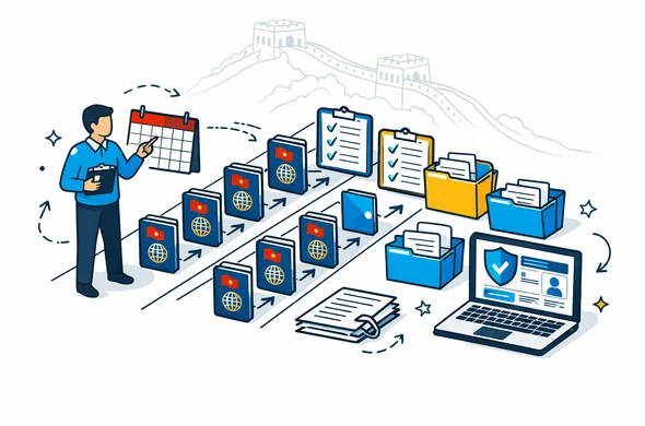 Flat vector illustration, isometric project roadmap for a China group visa operation: a coordinator with clipboard and calendar, multiple passport icons arranged in lanes, checklists and document folders, a laptop showing a secure visa dashboard, deep blue and turquoise primary palette with red and gold accent details for China, minimalist white and light grey background with a faint Great Wall silhouette outline, clean lines, modern tech feel, calm and organized atmosphere, faceless neutral characters, no photorealism