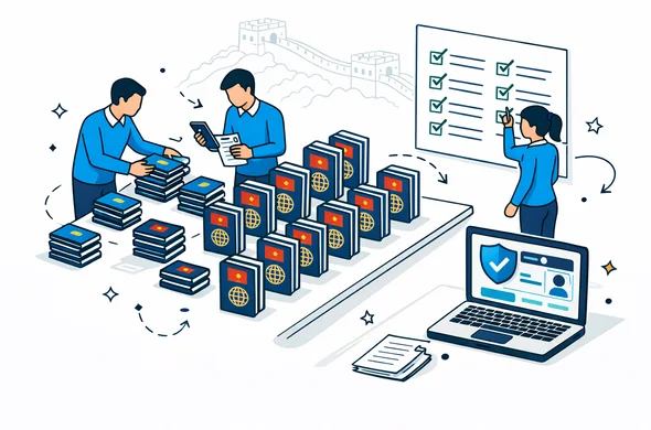 Semi flat vector illustration, isometric office scene of a team organizing dozens of passports for a China delegation: faceless neutral characters sorting passport stacks, scanning documents with a phone, checking a large checklist on a wall, a laptop displaying a secure visa portal, deep blue and turquoise primary colors with red and gold accents for China, minimalist white grey background with a faint Great Wall outline silhouette, clean lines, modern tech feel, calm organized and safe atmosphere, no photorealism