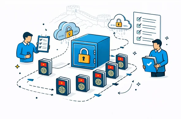 Clean 2D vector illustration with a modern tech feel: secure document handling for a China group visa project, a digital vault with a lock icon, encrypted cloud symbols, passport icons arranged in a controlled flow, a checklist and audit trail lines, deep blue and turquoise primary palette with red and gold accents for China, minimalist white and light grey background with a faint Great Wall silhouette outline, calm organized safe atmosphere, faceless neutral characters, no photorealism