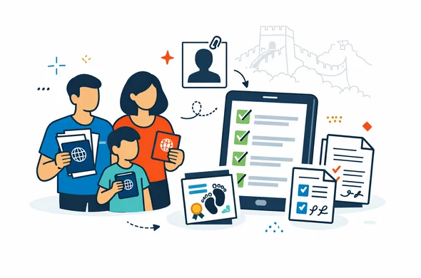 Flat modern vector illustration, isometric 2D. A family with two parents and one child holding passports and a stack of documents, an organized checklist on a tablet, icons for passport photo, birth certificate, and parental consent letter. Primary colors deep blue and turquoise, China accent red and gold. Minimal white and light grey background with a faint silhouette outline of the Great Wall of China. Calm, organized, efficient atmosphere. Faceless abstract characters, neutral skin tones, clean lines, no photorealism.