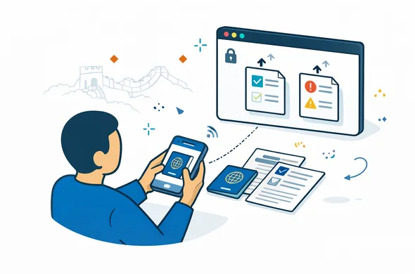 Flat vector illustration, modern tech isometric. Abstract faceless user scanning a passport and birth certificate with a smartphone, files uploading to a secure dashboard with checkmarks and warning icons. Primary deep blue and turquoise, China accent red and gold. Minimal background with faint Great Wall outline. Calm, organized, secure feeling, clean lines, no photorealism.