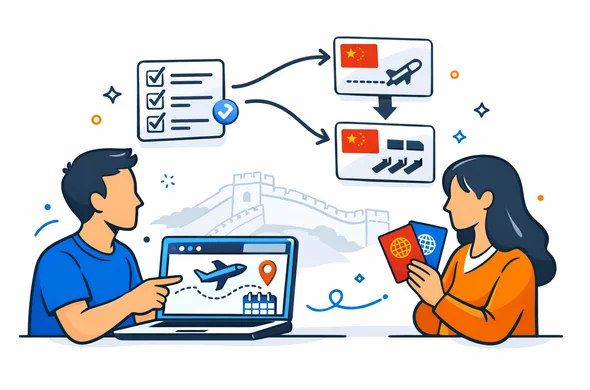 Flat vector illustration, modern tech feel, clean lines, semi-flat 2D with slight isometric perspective, deep blue and turquoise primary palette with red and gold accents for China, abstract faceless characters reviewing a travel itinerary on a laptop and holding passports, checklist icons and arrows showing decision flow from itinerary to visa type, calm organized safe atmosphere, minimalist white and light grey background with a faint silhouette outline of the Great Wall of China, no text, not photorealistic