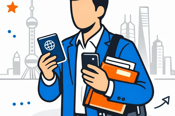 Flat or semi-flat vector illustration, modern tech feel, clean lines, abstract faceless business traveler holding passport, phone and neatly organized document folder, subtle Shanghai skyline silhouette in the background, deep blue and turquoise primary palette with subtle red accent inspired by China, minimalist white and light grey background, calm safe efficient atmosphere, isometric composition, non photorealistic