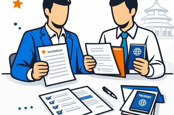 Flat or semi-flat vector illustration of organized business visa document review, abstract faceless characters checking invitation letter, company papers, passport and checklist on a desk, subtle Temple of Heaven silhouette in the background, deep blue and turquoise primary colors with subtle red accent, clean lines, modern tech visual language, minimalist white and light grey background, calm efficient safe atmosphere, non photorealistic