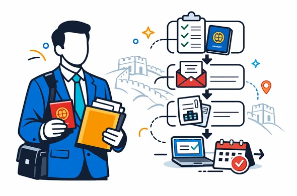 A clean semi-flat vector illustration with modern tech aesthetic, isometric layout. Abstract faceless business traveler holding a passport and a folder of documents, standing next to a clear checklist roadmap with icons (passport, invitation letter, company papers, online form, appointment). Primary colors deep blue and turquoise, China accent red and gold. Minimal white and light grey background with faint silhouette outline of the Great Wall of China. Calm, organized, efficient, safe. No photorealism, clean lines, no text.