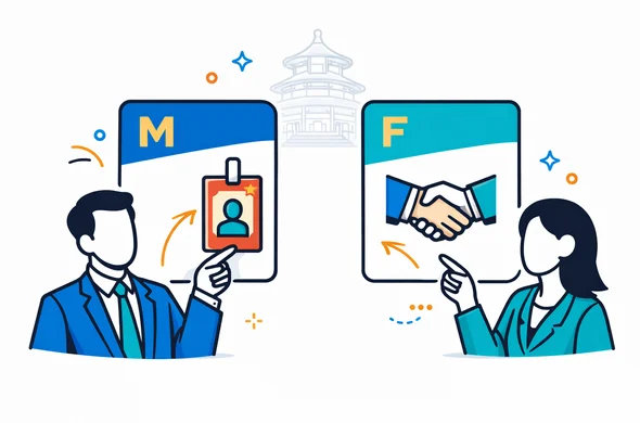 Semi-flat vector illustration, 2D or light isometric. Two comparison cards representing visa categories M and F as simple icons (no readable text), with abstract faceless characters pointing to a conference badge icon and a business handshake icon. Deep blue and turquoise primary palette, China accent red and gold. Minimal white and light grey background with faint silhouette outline of the Temple of Heaven in Beijing. Calm, professional, clean lines, modern tech feel, no photorealism, no text.