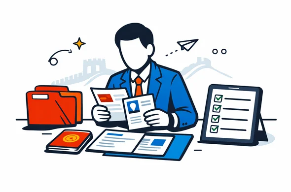 Flat vector illustration of a business traveler reviewing visa documents on a desk, surrounded by organized folders and a digital checklist, calm and efficient atmosphere, deep blue and turquoise main colors with red and gold accents for China, minimalist background with a faint silhouette of the Great Wall of China, faceless abstract character, modern tech style, 2D clean lines