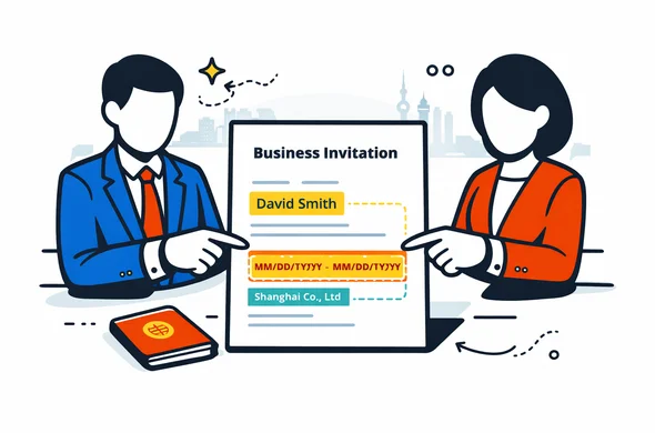 Semi-flat vector illustration of a business invitation letter on a desk, with key fields highlighted (name, dates, company details), faceless abstract characters pointing at the document, deep blue and turquoise main palette with red and gold accents for China, minimalist white background with faint Shanghai skyline silhouette, modern 2D tech style