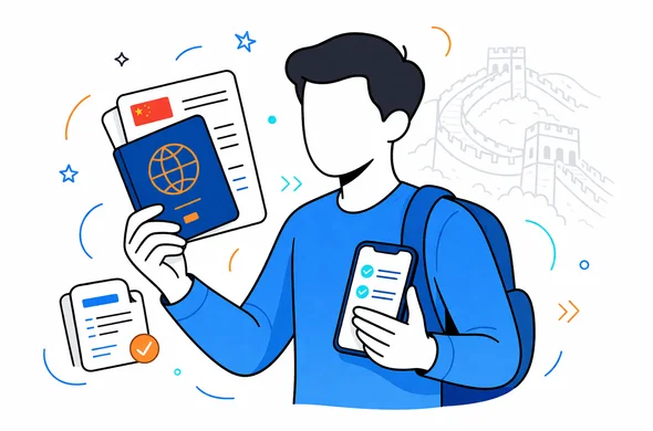 Flat or semi-flat vector illustration, modern travel-tech style, deep blue and turquoise Aid-Air palette with subtle red accents for China, faceless abstract traveler holding passport, travel documents and phone, calm organized pose, minimal white and light grey background, faint Great Wall silhouette in the background, clean lines, 2D or slight isometric composition, non-photorealistic, safe efficient atmosphere