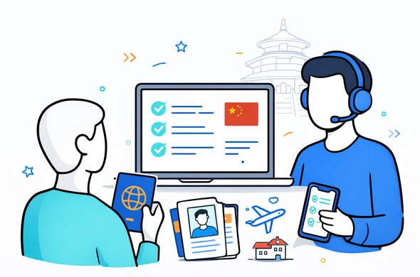Flat or semi-flat vector illustration, clean modern tech aesthetic, deep blue and turquoise with China-inspired red accent, faceless abstract support scene with traveler and organized checklist on laptop, passport photo, document stack, flight and hotel icons, minimal white and grey background, faint Temple of Heaven outline, 2D or light isometric, non-photorealistic, calm organized efficient atmosphere