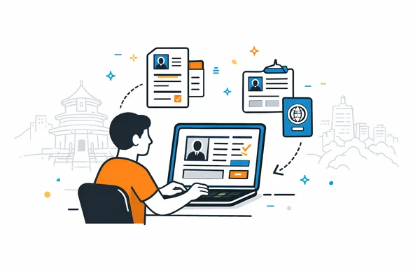 Semi flat vector illustration of an abstract traveler filling an online China visa application form on a laptop, forms and passport icons around, deep blue and turquoise with red and gold accents, calm and organized workspace, minimalist background with faint Beijing skyline and Temple of Heaven silhouette