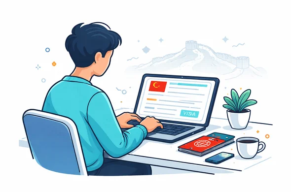 Flat vector illustration, modern tech style, deep blue and turquoise primary colors with red and gold accents for China, faceless abstract character sitting at a desk and filling out an online China visa application form on a laptop, calm organized atmosphere, minimalist white background with a faint silhouette of the Great Wall of China in the distance