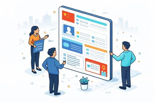 Semi-flat isometric vector illustration, deep blue and turquoise palette with red and gold accents for China, abstract faceless characters standing around a large segmented China visa form showing different sections like personal data, travel plan and history, calm organized layout, minimalist grey background with faint outline of Beijing skyline