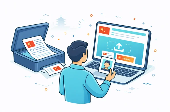 Flat vector illustration, deep blue and turquoise UI with red and gold accents for China, faceless character holding a passport photo and scanning documents into a laptop that shows an upload screen for a China visa application, calm and efficient atmosphere, minimalist white background with a faint outline of a Chinese pagoda