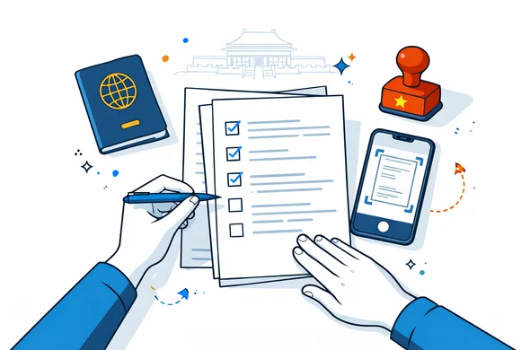 Flat semi-flat vector illustration, top-down desk layout with a checklist, passport, smartphone scanning documents, and an embassy stamp icon. Abstract faceless character hands organizing papers. Deep blue and turquoise primary colors with China red and gold accents. Minimal white/grey background with faint Forbidden City or Great Wall outline. Calm, organized, secure, modern tech feel.