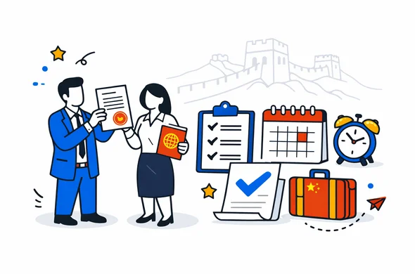 Flat semi-flat vector illustration, modern tech feel, isometric layout, deep blue and turquoise primary palette with red and gold accent colors for China, faceless abstract business characters holding a stamped invitation letter and a passport, checklist and calendar icons, calm organized atmosphere, minimalist white and light grey background with a faint silhouette outline of the Great Wall of China, clean lines, no photorealism