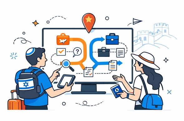 Flat semi flat vector illustration of abstract travelers from Israel reviewing a digital roadmap of China visa types on a large screen, deep blue and turquoise colors with red and gold accents for China, modern tech style, calm and organized atmosphere, minimal white background with faint Great Wall of China silhouette