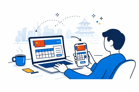 Flat 2D vector illustration of a person booking a visa appointment online for China on a laptop and smartphone, faceless abstract characters, deep blue and turquoise interface with red and gold Chinese accents, calm and organized workspace, minimalist background with faint Beijing skyline or Chinese pagoda silhouette