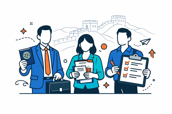 Flat vector illustration of an organized business travel process to China, abstract faceless business people holding passport, documents and a checklist, deep blue and turquoise colors with red and gold accents, minimalist white background with a faint outline of the Great Wall of China, calm and efficient atmosphere