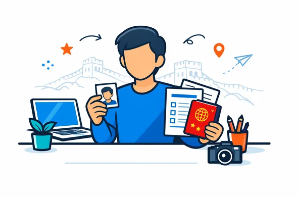 Flat semi-flat vector illustration, deep blue and turquoise primary colors with red and gold China accents, faceless abstract character holding a passport photo and visa application documents, calm and organized office environment, minimalist white background with faint outline of the Great Wall of China, modern tech feel, 2D isometric style