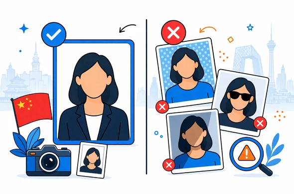Flat vector split-screen illustration, one side showing a correct China visa photo with white background, neutral expression and dark clothing, the other side showing common mistakes like patterned background and sunglasses, deep blue and turquoise with red and gold China accents, faceless abstract characters, minimalist background with faint Beijing skyline silhouette