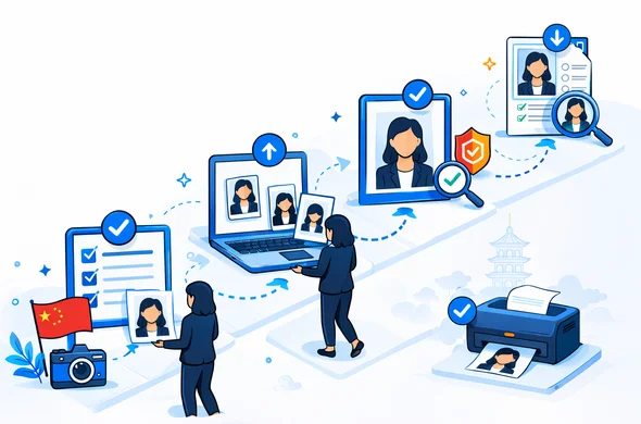 Isometric flat vector illustration of a five step workflow for preparing a China visa photo, abstract faceless character moving through digital checklists and document upload screens, deep blue and turquoise theme with red and gold China accents, calm efficient atmosphere, minimalist white background with faint outline of a Chinese pagoda in the distance