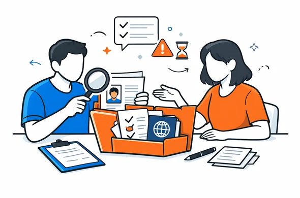 Flat semi-flat vector illustration, organized review of a China visa application file, faceless abstract characters, calm professional atmosphere, minimal background, clean modern tech feel, Aid-Air palette