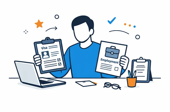 Flat semi-flat vector illustration, clean modern tech feel, faceless abstract character reviewing a visa form and employment papers at a desk, calm organized atmosphere, minimal background, Aid-Air palette