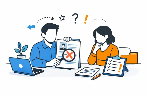 Flat semi-flat vector illustration, faceless abstract characters reviewing a China visa application file after refusal, calm organized desk, modern tech feel, minimal background, Aid-Air palette
