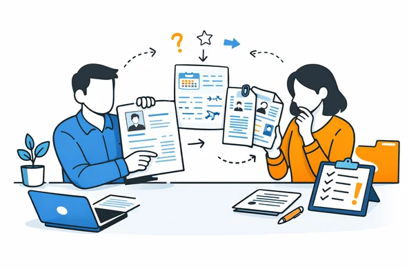 Flat semi-flat vector illustration, faceless abstract characters comparing visa form, supporting documents and travel itinerary, clean modern tech feel, calm organized atmosphere, minimal background, Aid-Air palette