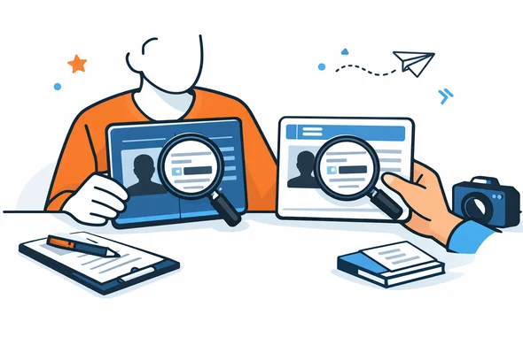 Flat vector illustration of a passport and visa sticker being compared on a desk, magnifying glass, calm organized travel-document scene, faceless abstract character, clean modern tech feel, minimal background, Aid-Air palette
