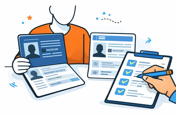 Flat semi-flat vector illustration of passport details being checked against visa fields, organized checklist layout, faceless abstract character, clean modern tech feel, minimal background, Aid-Air palette