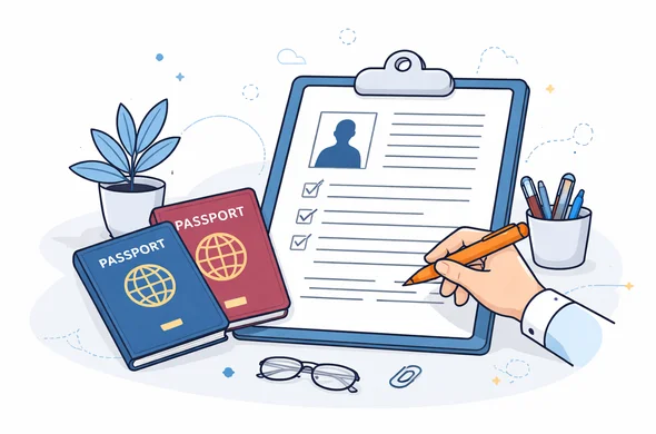 flat semi-flat vector illustration of two passports and an organized visa application form on a desk, clean modern tech feel, faceless abstract characters, calm organized atmosphere, minimal background, Aid-Air palette