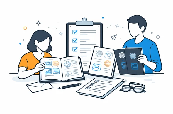 Flat vector illustration of visa application form compared with old and new passports, organized checklist, modern clean tech feel, faceless abstract characters, minimal background, Aid-Air palette