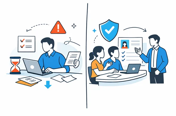 Flat semi flat vector illustration, split scene comparing self submission versus guided assistance for a China visa process, faceless abstract characters, calm organized atmosphere, minimal background, Aid Air palette, clean modern tech feel