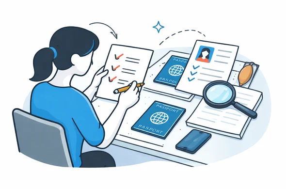 Flat semi flat vector illustration of organized document review before submitting a China visa application, faceless abstract characters, desk with checklist and passport, minimal background, Aid Air palette, clean modern tech feel