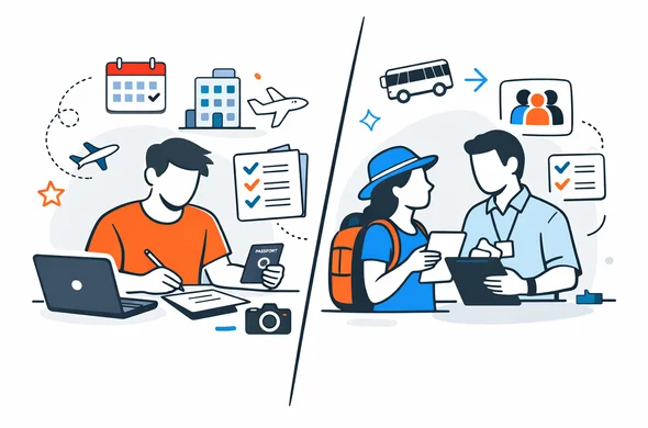 Flat semi-flat vector illustration, split scene comparing independent traveler planning visa documents vs organized group traveler with coordinator, clean modern tech feel, faceless abstract characters, calm organized atmosphere, minimal background, Aid-Air palette.