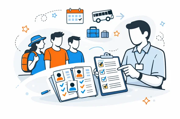 Flat semi-flat vector illustration of abstract travel coordinator reviewing organized group visa paperwork with faceless travelers, clean modern tech feel, calm organized atmosphere, minimal background, Aid-Air palette.